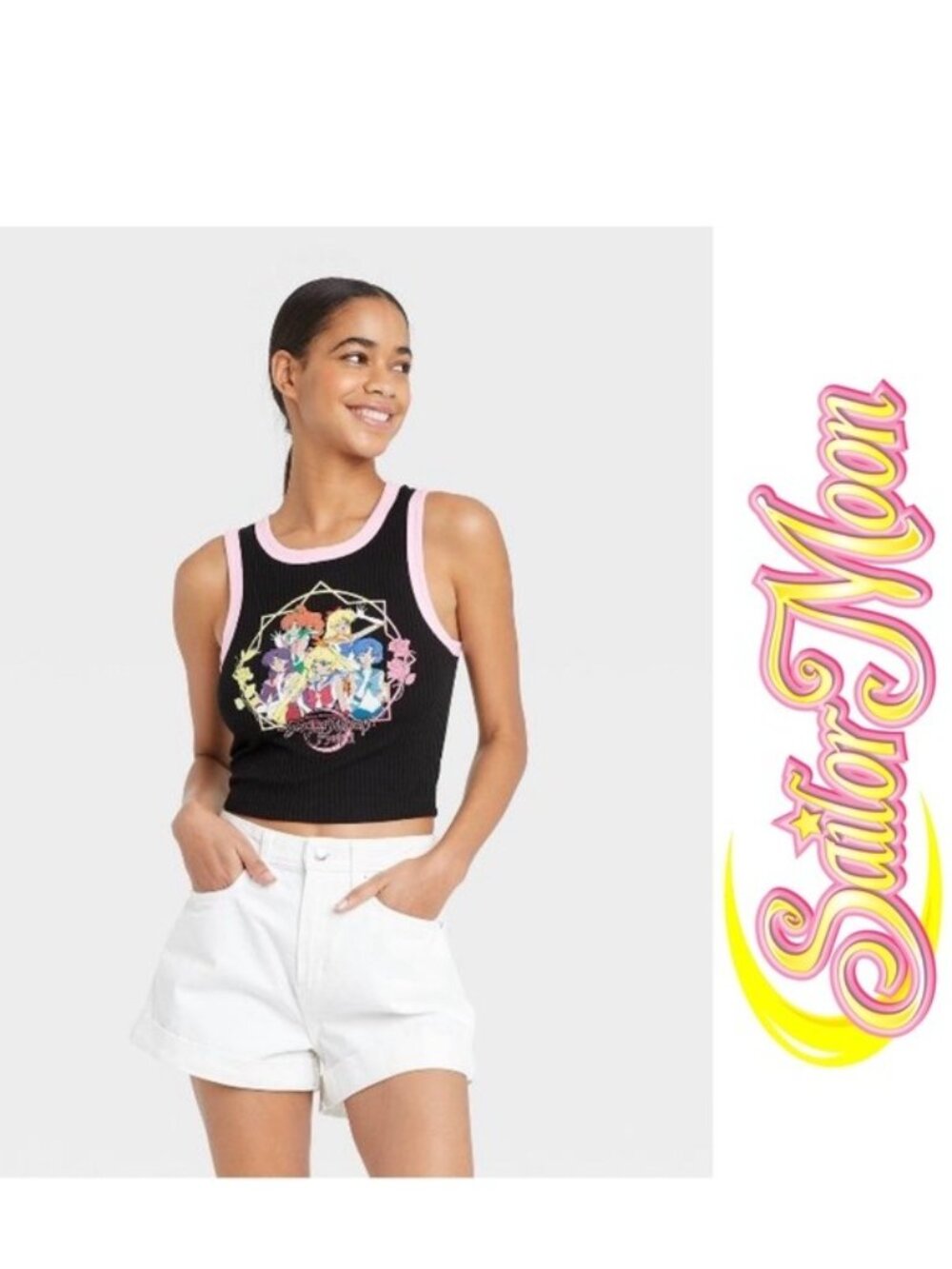 Sailor Moon X Target | Black Graphic Racerback Cropped Tank Top | Size Large